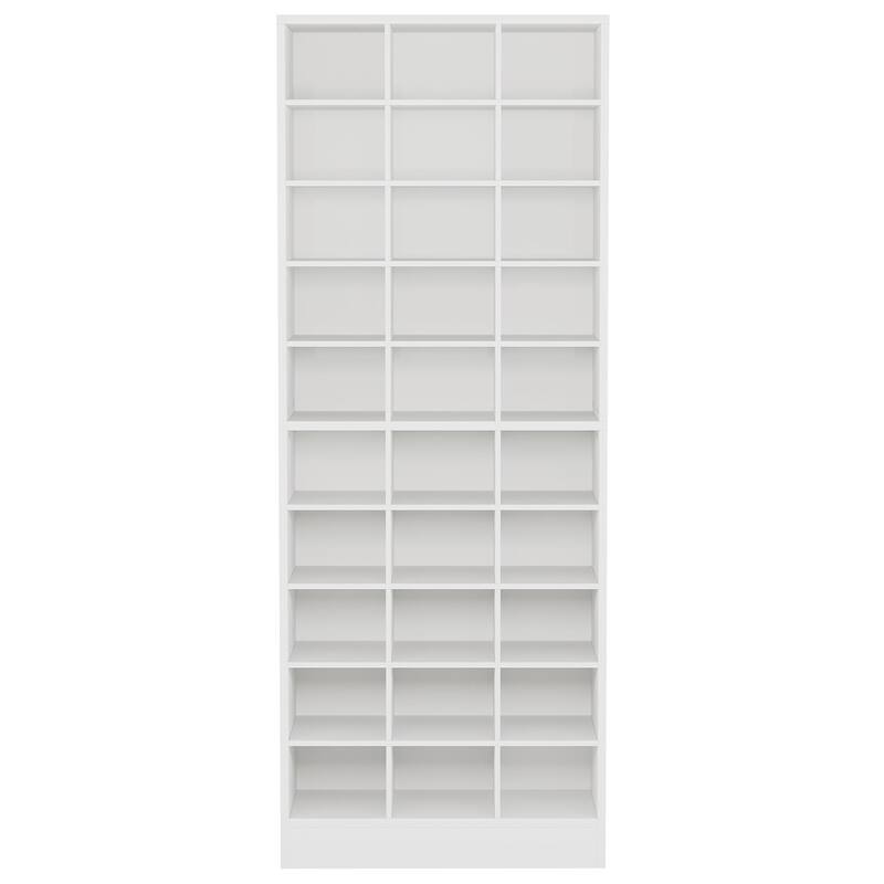 25" 10-Tier White Wooden Shoe Storage Cabinet, Modern 30-Cubby