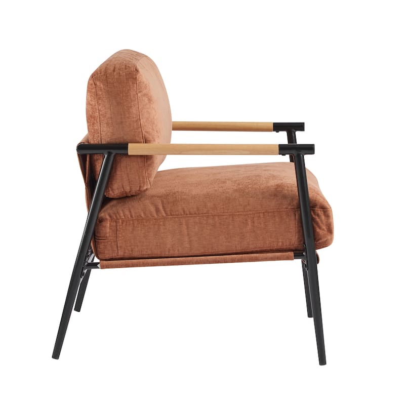 Modern Accent Chair with Plush Cushions, Minimalist Metal Frame, and Wooden Armrest Design