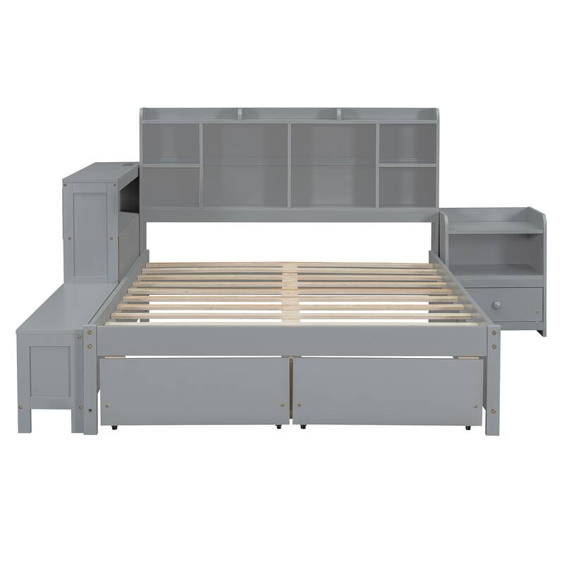 Gray Full Size Platform Bed with Integrated Desk, Nightstand, Storage Drawers & USB Ports - Multi-functional Design