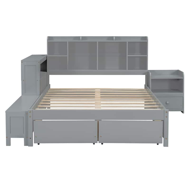 Solid Pine Full Bed Frame, Full Size Wooden Platform Bed with Storage Headboard, 2 Drawers, Nightstand, Desk and USB Ports