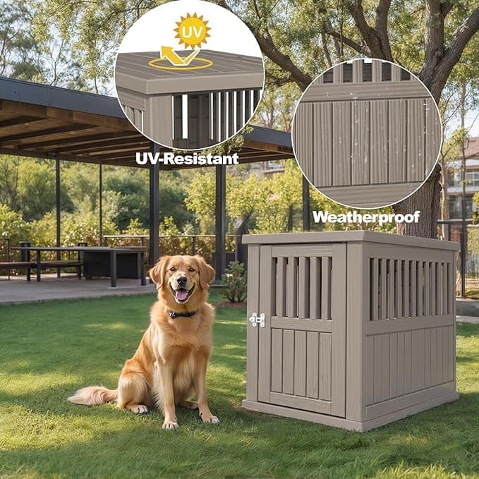 Resin Dog Crate for Large Dogs, Weatherproof, Ventilated Design, Plastic Dog House with Lockable Door