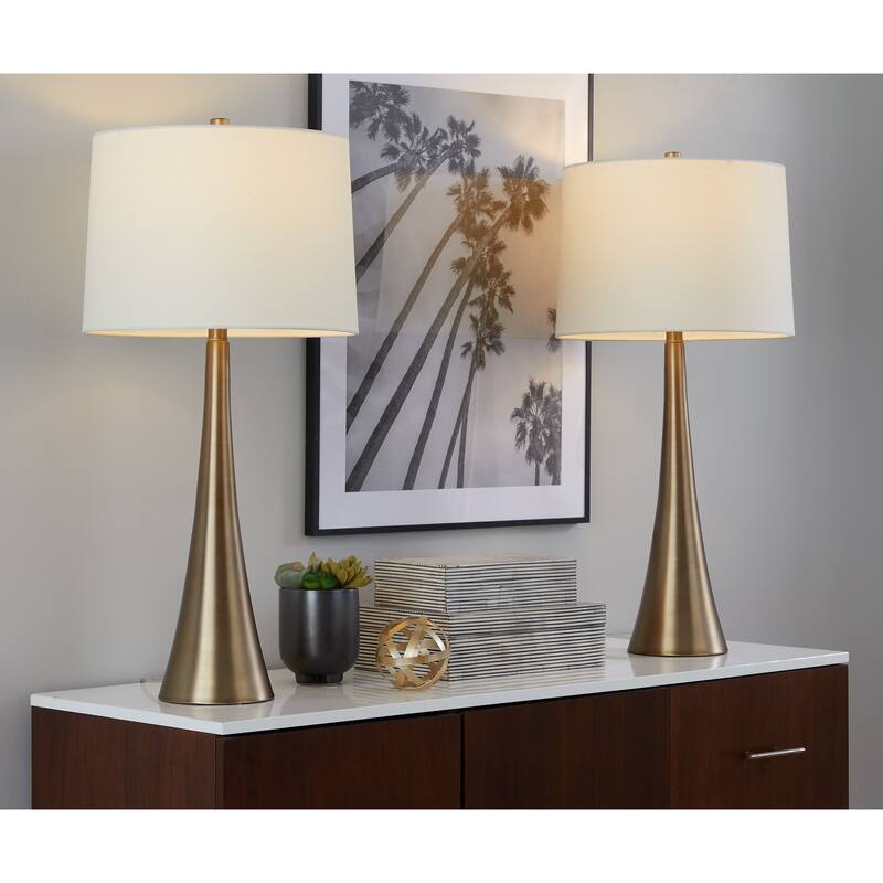 29" Contemporary Metal Table Lamp in Matte Golden Bronze with White Linen Shade from Grandview Gallery, Set of 2