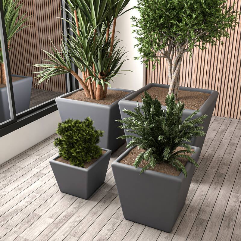 Blossom 4-Piece Square Planter Set, Durable Fiberstone Indoor/Outdoor Pots with Drainage, Yard Patio Decor