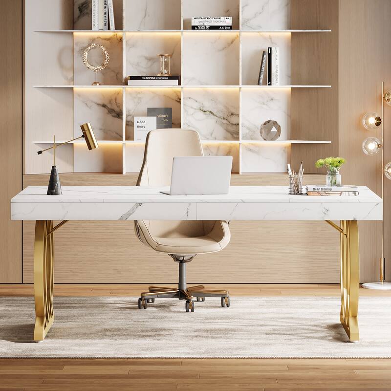 63 Inch Modern Computer Desk, White and Gold Office Executive Desk