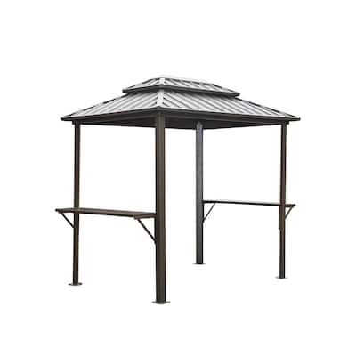 8' × 6', Aluminum BBQ Gazebo Outdoor Metal Frame with Shelves Serving Tables, Permanent Double Roof Hard top Gazebos