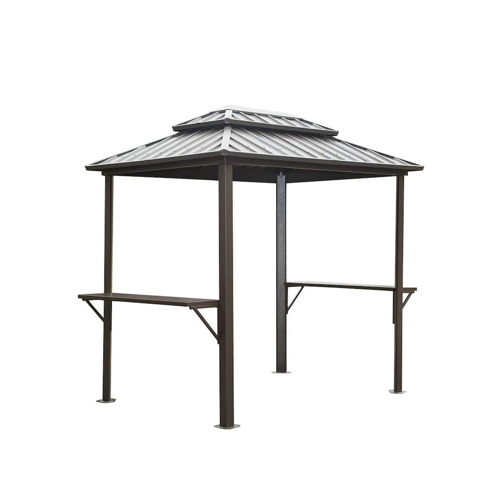 8' × 6', Aluminum BBQ Gazebo Outdoor Metal Frame with Shelves Serving Tables, Permanent Double Roof Hard top Gazebos