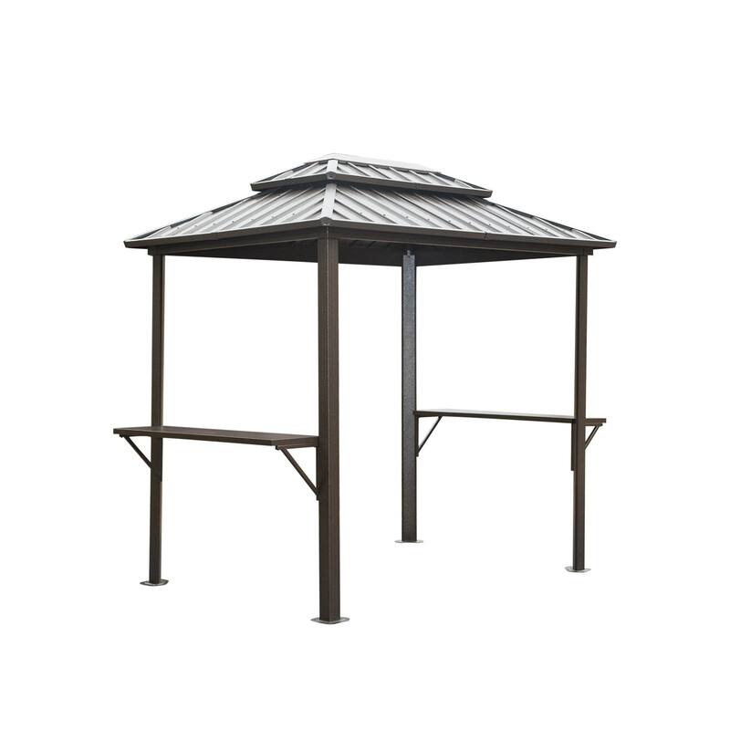 8' x 6' Aluminum Outdoor BBQ Gazebo with Shelves and Double Roof for Patio, Deck, and Garden - Brown
