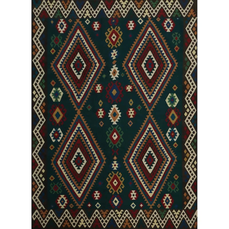 Hand Woven Oriental 100% Wool Carpet Southwestern Tribal Green Kilim Area Rug - 10' 2'' X 8' 5''