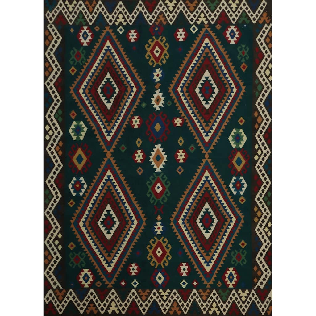 Hand Woven Oriental 100% Wool Carpet Southwestern Tribal Green Kilim Area Rug - 10' 2'' X 8' 5''