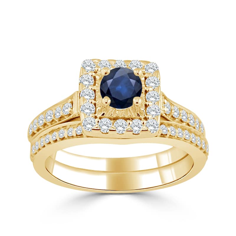 Auriya 2/5ct Round Blue Sapphire and Halo Diamond Engagement Ring Set 14k Gold - Yellow - 7.5