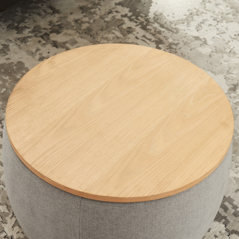 Round Storage Ottoman, Upholstered Coffee Table with Wooden Reversible Lid, 2 in 1 Function Foot Stool for Living Room, Office