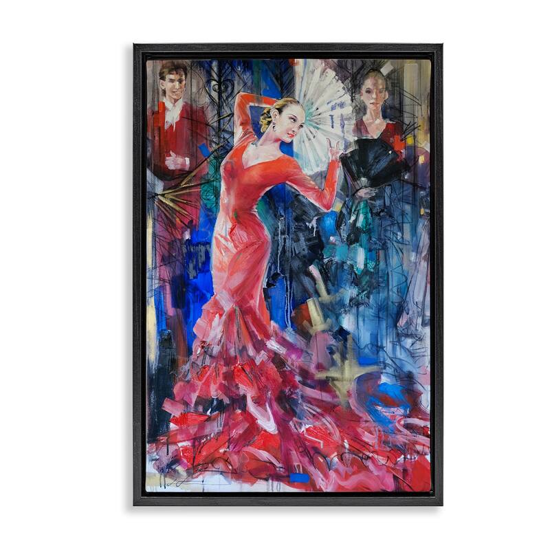 Stupell Bold Dancer with Fan Framed Floater Canvas Wall Art Design By Lucille Lee - 17 x 25 - Black