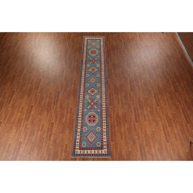Light Blue Kazak Oriental Runner Rug Handmade Wool Carpet - 2'10" x 15'0"