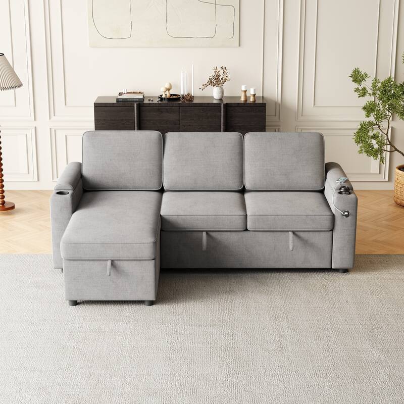 2 in 1 Pull Out Sofa Bed with Storage Chaise, 85.8" Reversible Sleeper Sofa with Pulley for Livingroom L Shaped Sectional Sofa
