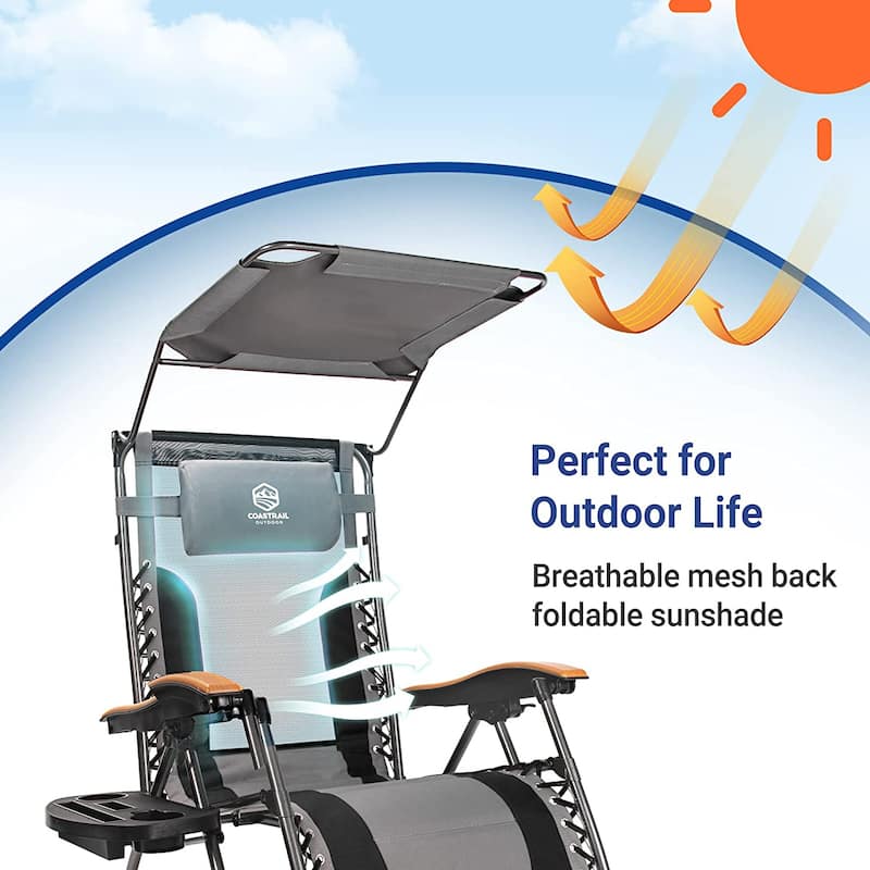 Set of 2 Folding Reclining Lounge Chair, Outdoor Zero Gravity Recliner W/Side Tray & Detachable Headrest Pillow