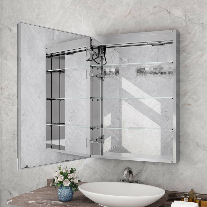 Rectangular Aluminum Recessed/Surface Mount Frameless Anti-Fog Medicine Cabinet with Dimmable LED Lights