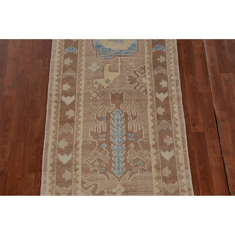 Hand Knotted Oriental 100% Wool Carpet Transitional Geometric Brown Oushak Runner Rug - 13' 6'' X 3' 0''