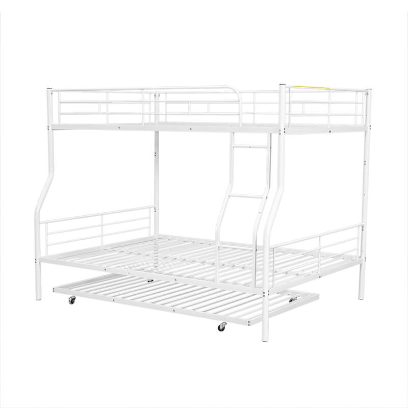 Metal Bunk Bed Frame Kids Dormitory Bed with Trundle, Ladder & Safety Guardrails, Bedroom Convertible Metal Bed Frame