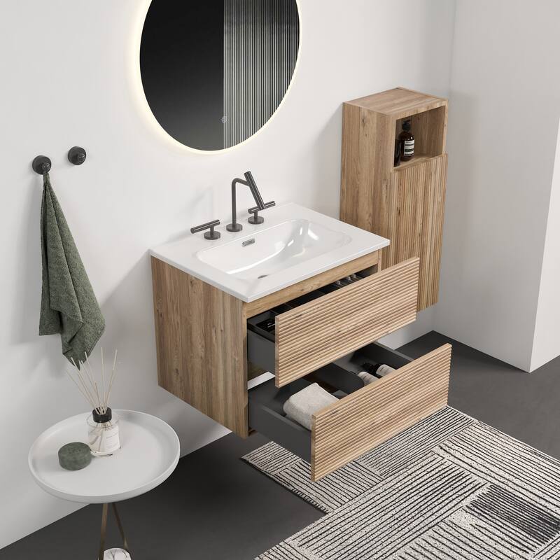 24" Wall-Mounted Bathroom Vanity with Integrated Ceramic Sink & Overflow, Large Storage Floating Vanity