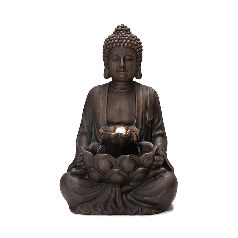 Glitzhome Meditating Buddha Patio Floor Fountain with Lotus and LED