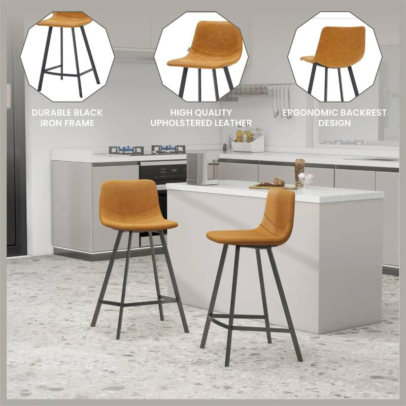 Elland Leather Bar Stool - Modern Counter Height Stool with Black Stainless Steel Legs for Kitchen Island or Home Bar Set of 2