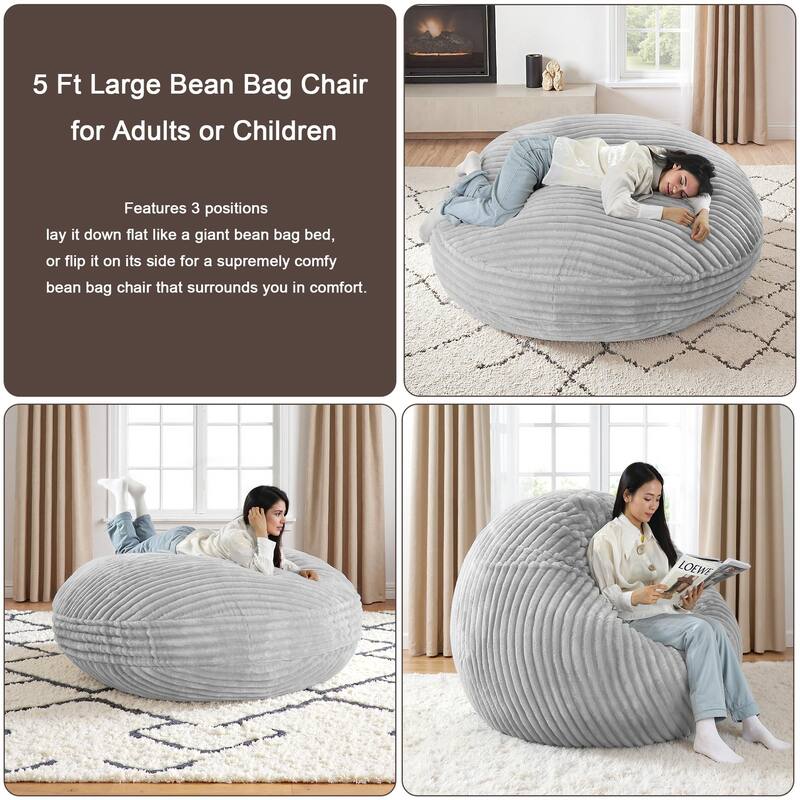5-foot Round Plush Corduroy Convertible Bean Bag Chair Lounge