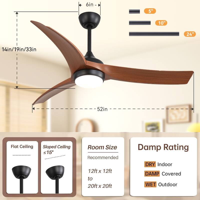 52 inches Indoor/Outdoor Ceiling Fan with Light Kit and Remote Control,DC Motor,3 CCT LED Dimmable for Bedroom Living Room Patio