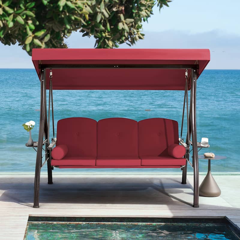 3-Seat Patio Swing with Adjustable Canopy, 750lbs Heavy Duty, Convertible Outdoor Bed, All-Weather, Cup Holders & Thick Cushions - Wine Red
