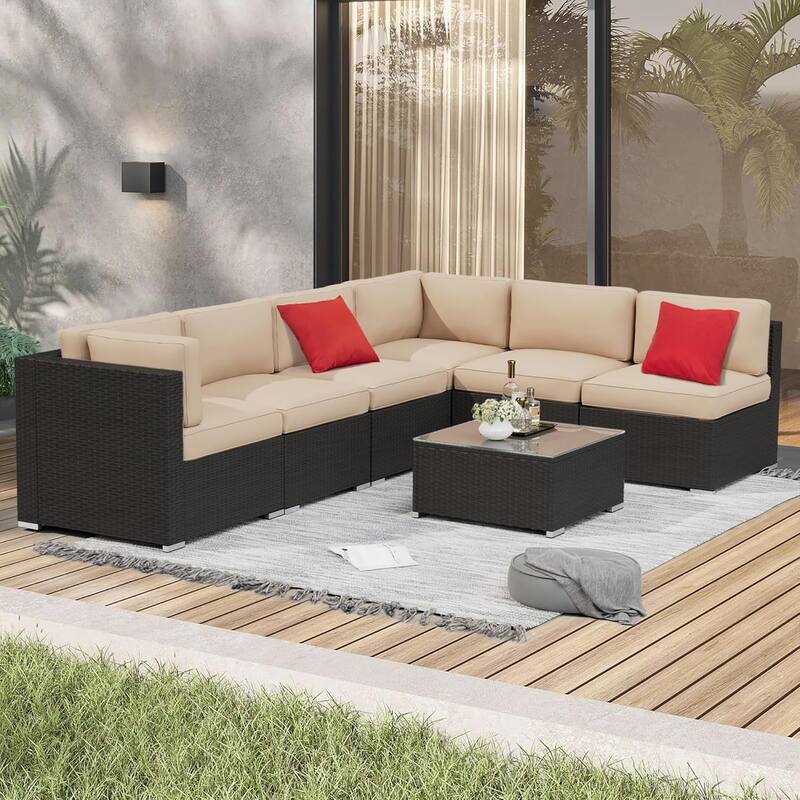 7 Piece Outdoor Patio Furniture Set Grey/Black Wicker Conversation Sectional Sofa Set with Coffee Table and Cushions
