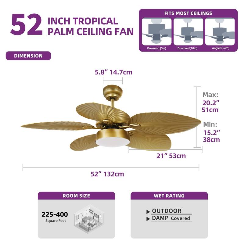 52 Inch Palm leaf Ceiling Fan with LED Light and Remote Control