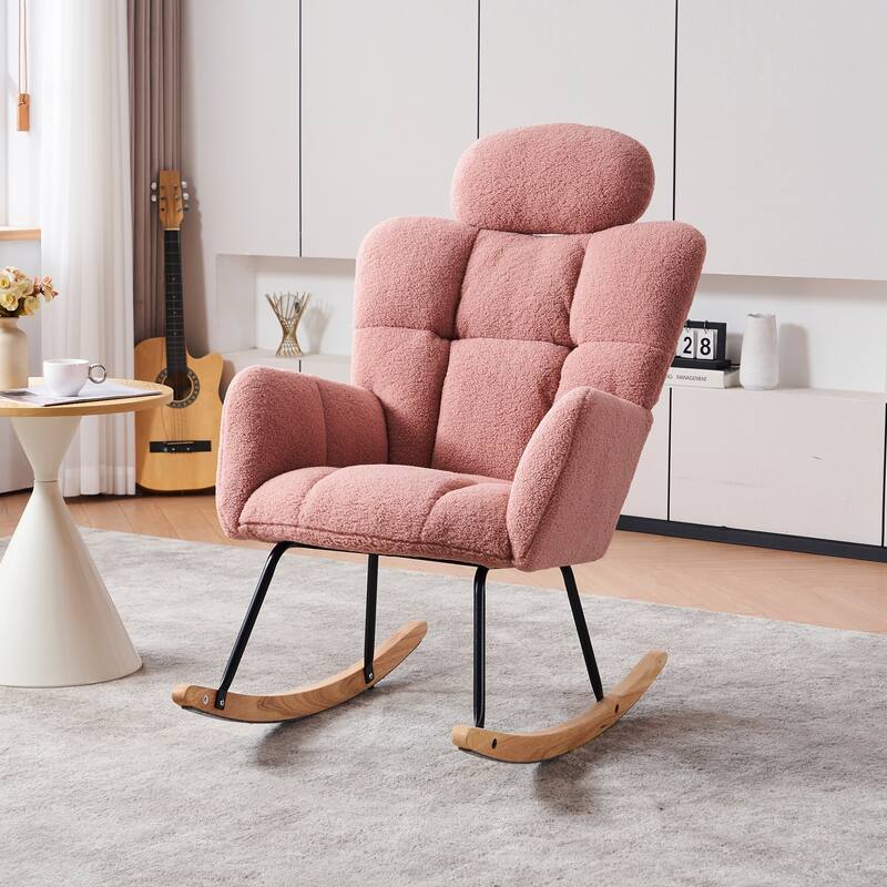 Comfortable Teddy Fabric Upholstered Rocking Chair with High Backrest and Pillows for Indoor Use - Pink-1