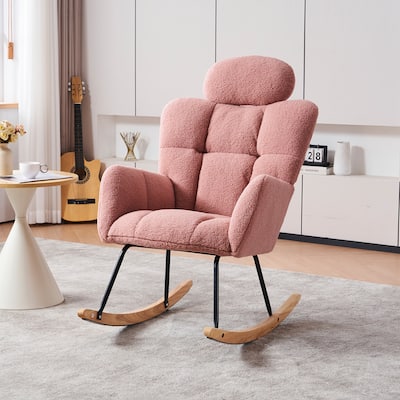 Comfortable Teddy Fabric Upholstered Rocking Chair with High Backrest and Pillows for Indoor Use