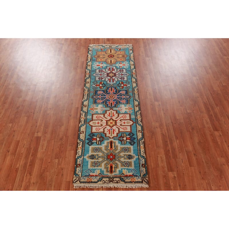 Hand Knotted Oriental 100% Wool Carpet Traditional Geometric Navy Blue & Blues Kazak Runner Rug - 8' 1'' X 2' 7''