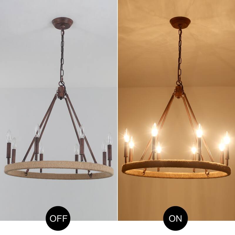 8-Light Rustic Hemp Rope Wagon Wheel Chandelier, Classic Farmhouse Chandelier for Dining Living Room - W23.62"x H20.47"