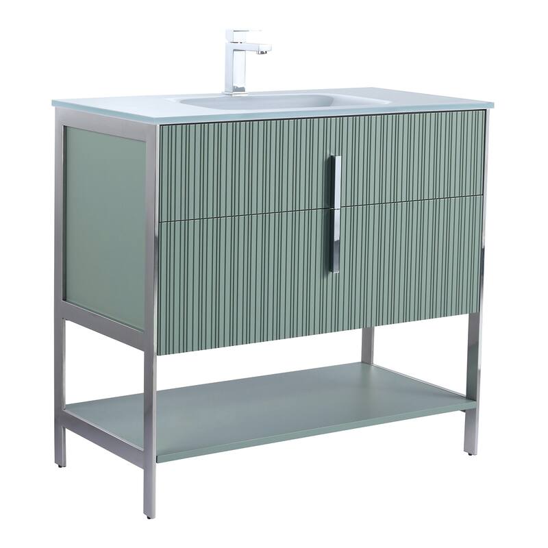 Fine Fixtures Serenity Modern Bathroom Vanity with White Glass Top - Mint Green - Chrome Hardware - 36 inch