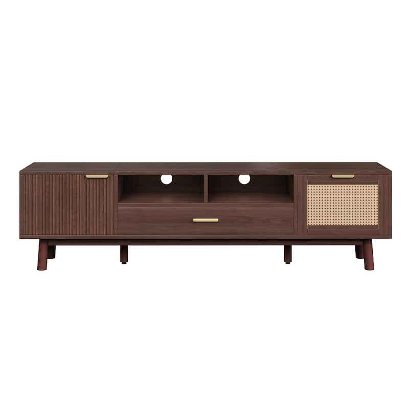 Wood TV Stand for 75" TVs, Modern TV Cabinet for Living Room - Dark Brown