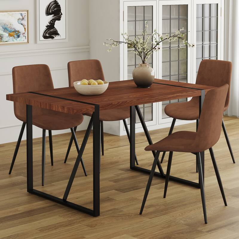 5-Piece Dining Table Set, Kitchen Wood Table & 4 Armless Chairs with Metal Frame, Space-Saving Dinette Set for Small Space