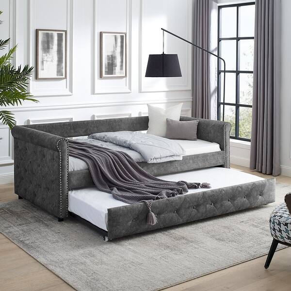 slide 2 of 9, Daybed with Trundle Upholstered Tufted Sofa Bed Grey