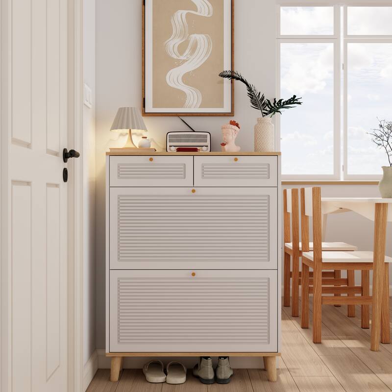 Narrow Shoe Cabinet with 2 Flip-Up Doors & 2 Drawers, Freestanding Entryway Shoe Organizer, Shoe Rack with Natural Wood Legs