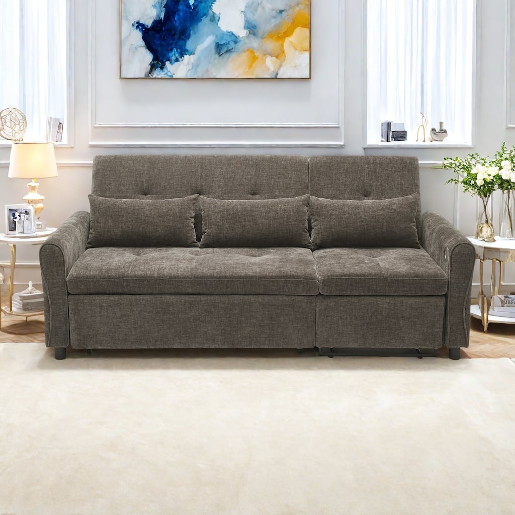 82" Chenille 2-in-1 Sofa Bed with Adjustable Backrest, Reversible Chaise, USB Charging Ports