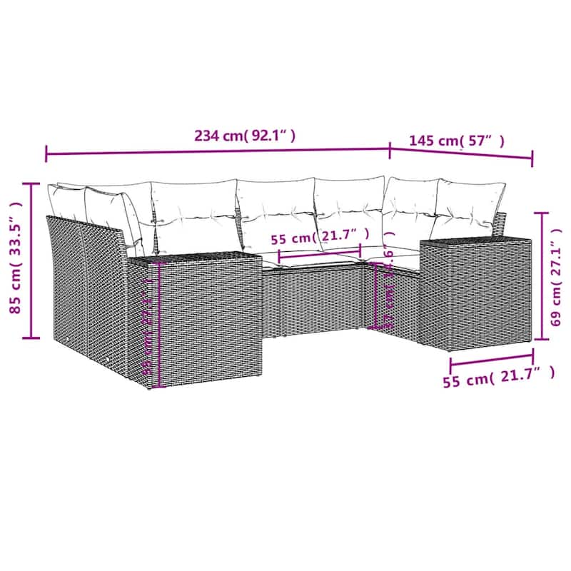 vidaXL 6 Piece Patio Sofa Set with Cushions Black Poly Rattan - 24.4 x 24.4 x 27.2-With table