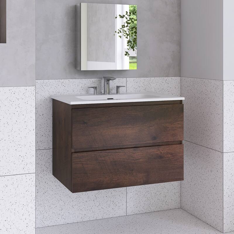 Floating Integrated Bathroom Vanity with Ceramic Sink, Three Faucet Holes