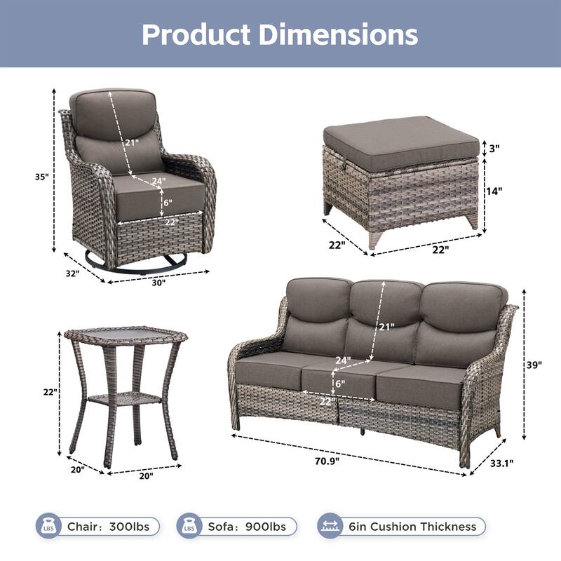 Meyreso 6-Piece Wicker Patio Conversation Set with Swivel Gliders and 6-Inch Thick Olefin Cushions