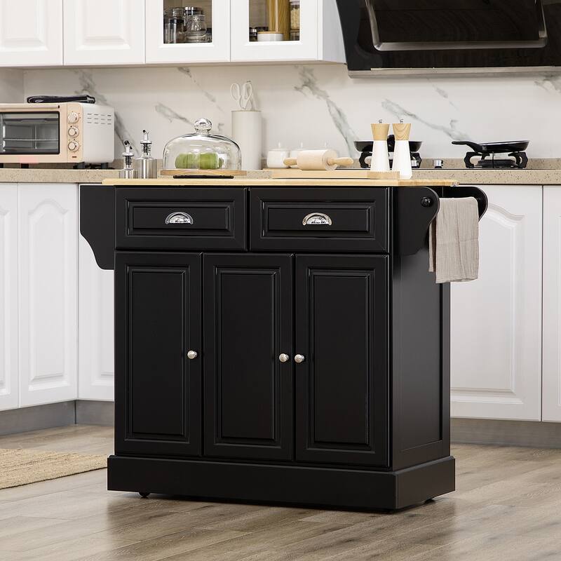 43'' Rubberwood Top Kitchen Island on Wheels w/ 2 Drawers & 3 Cabinets, Utility Cart with Adjustable Shelves & Towel/Spice Rack