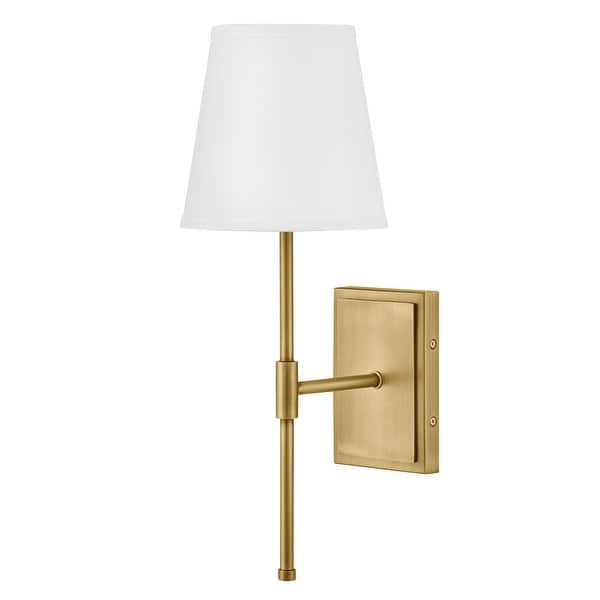 slide 2 of 5, Lark 83770 Beale 19" Tall Hardwired Wall Sconce with White Linen Shade Lacquered Brass
