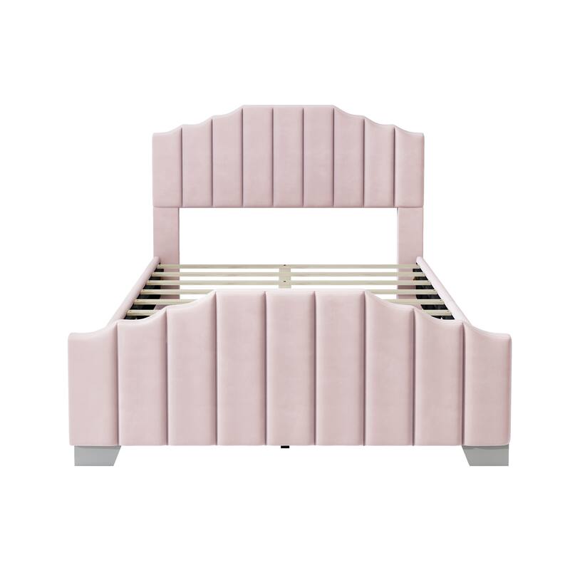 Velvet Upholstered Platform Bed Frame Vertical Channel Wingback Bed Tufted Headboard Footboard, Low Profile Panel Bed