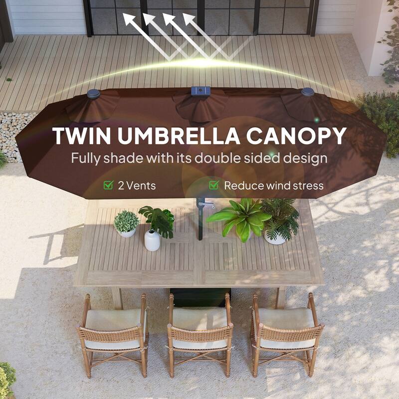 Outdoor Double-Sided Patio Umbrella with 40-Degree Tiltable Canopy 35 Solar LED Lights Steel Frame and Weighted Base