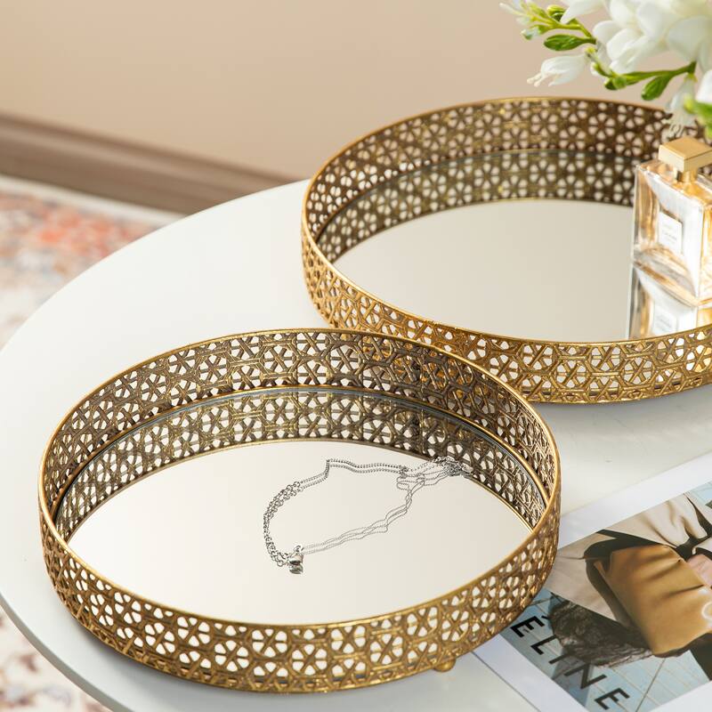 Glitzhome Set of 2 Round Metal Gold Mirrored Decorative Trays -13"/15"L
