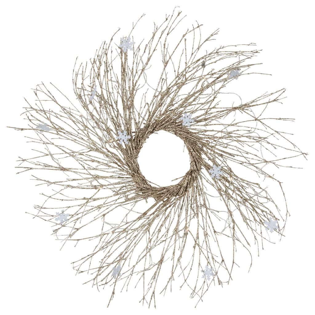 28" Champagne Glittered Artificial Twig Christmas Wreath white LED