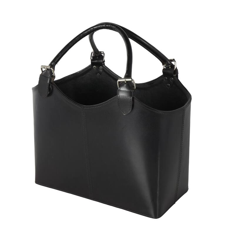 Brown or Black Leather Handmade Box Style Single Slot Decorative Magazine Holder with Detail Stitching and Curved Buckle Handles